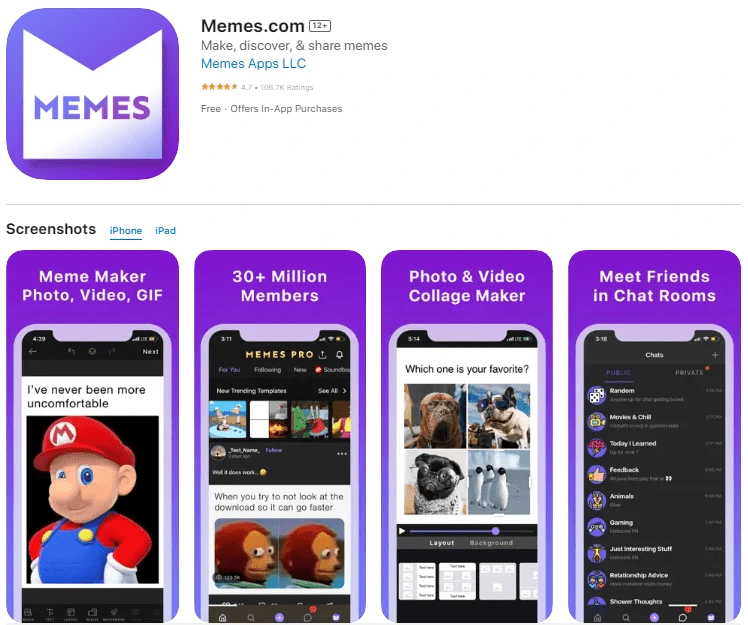 memes.com app store interface